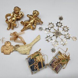 Vintage Christmas Ornament Gold Tone Angels Stars Mirror Gift Boxes Metal Bird